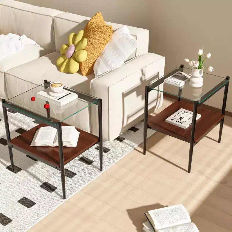 Lot de 2 tables d'appoint rectangulaires, plateau en verre trempé avec couche MDF, verre transparent