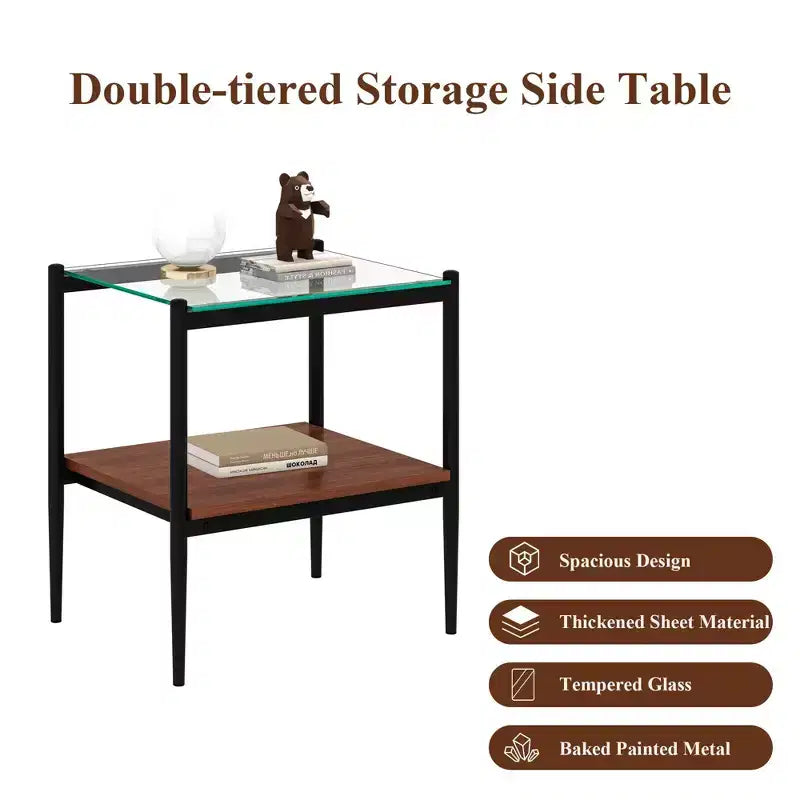 Lot de 2 tables d'appoint rectangulaires, plateau en verre trempé avec couche MDF, verre transparent