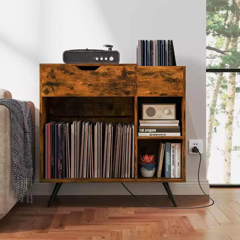 Meuble tourne-disque Costway avec prise de courant, tiroir, séparateur amovible, meuble de présentation industriel pour platine vinyle