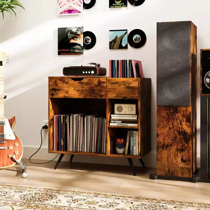 Meuble tourne-disque Costway avec prise de courant, tiroir, séparateur amovible, meuble de présentation industriel pour platine vinyle