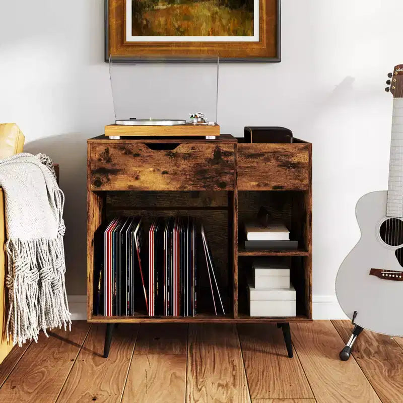 Meuble tourne-disque Costway avec prise de courant, tiroir, séparateur amovible, meuble de présentation industriel pour platine vinyle