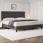 Tête de lit réglable, Cadre de lit en métal avec lattes en bois robustes et pieds de support, Aucun sommier tapissier requis, Facile à assembler, Gris, King Size