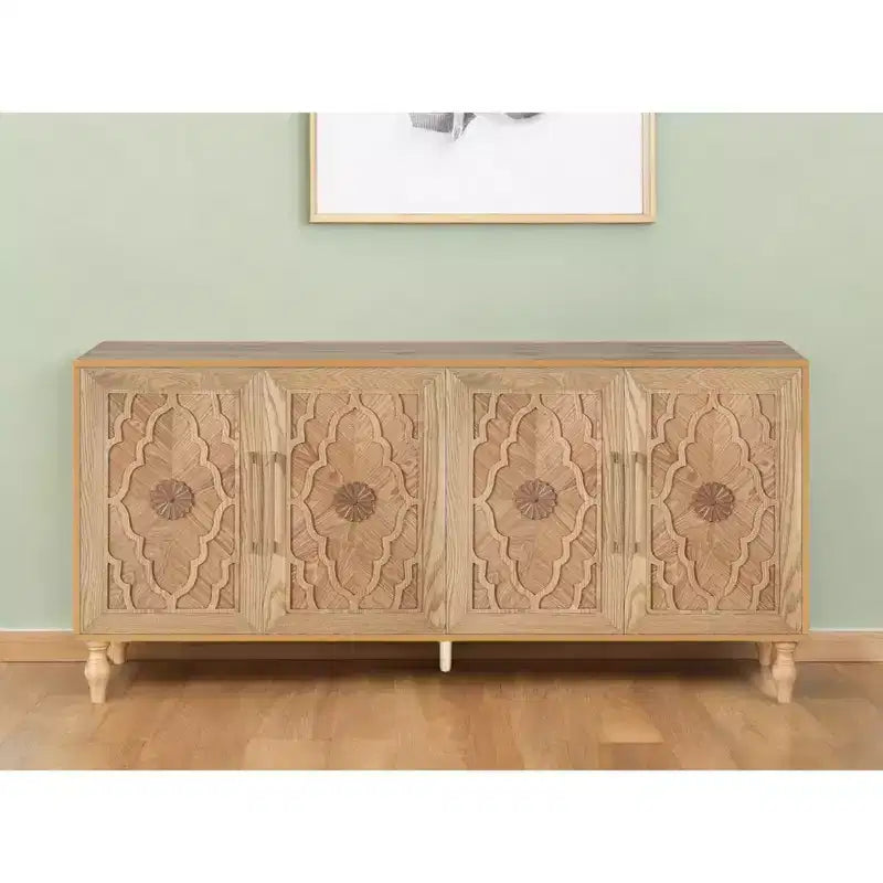 HomeRoots Buffet en bois sculpté géométrique vieilli naturel à quatre portes, 68 po