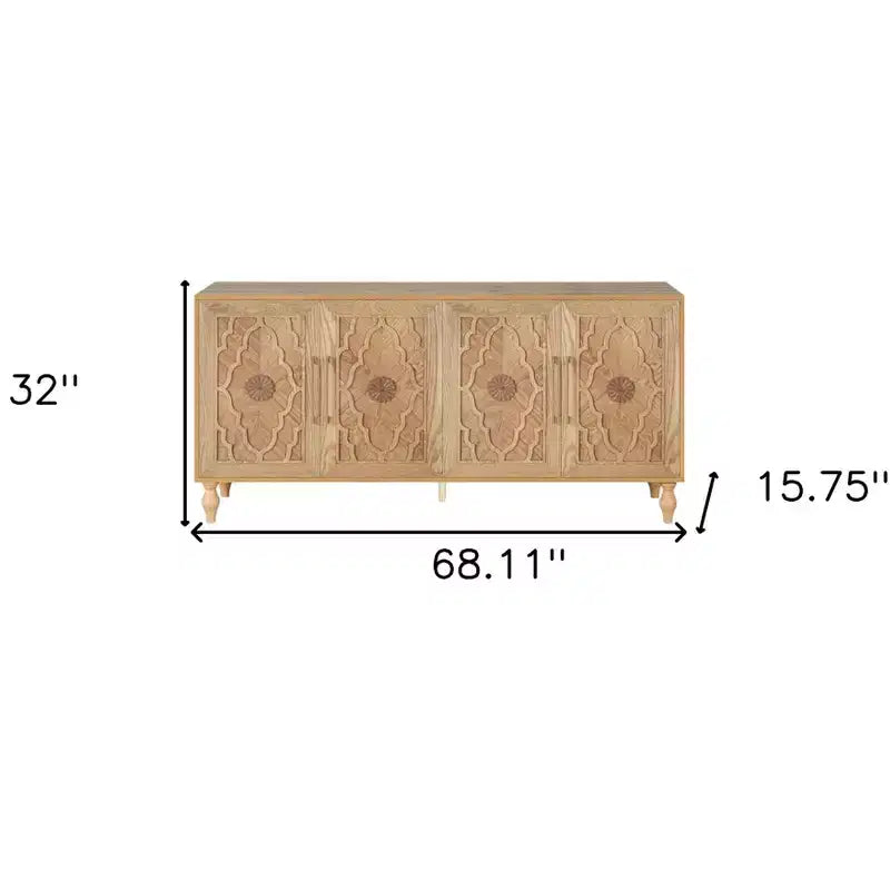 HomeRoots Buffet en bois sculpté géométrique vieilli naturel à quatre portes, 68 po