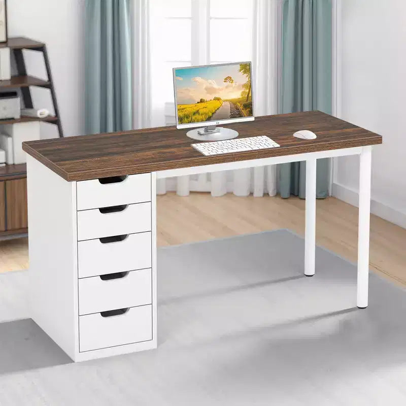 MAYEERTY Bureau d'ordinateur 119 cm avec 5 tiroirs blancs, bureau de télétravail en bois composite de 3 cm d'épaisseur avec pieds en métal blanc