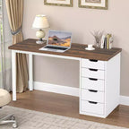 MAYEERTY Bureau d'ordinateur 119 cm avec 5 tiroirs blancs, bureau de télétravail en bois composite de 3 cm d'épaisseur avec pieds en métal blanc