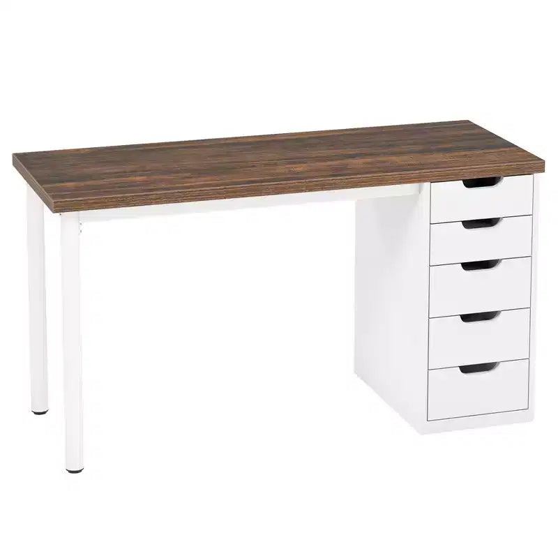 MAYEERTY Bureau d'ordinateur 119 cm avec 5 tiroirs blancs, bureau de télétravail en bois composite de 3 cm d'épaisseur avec pieds en métal blanc