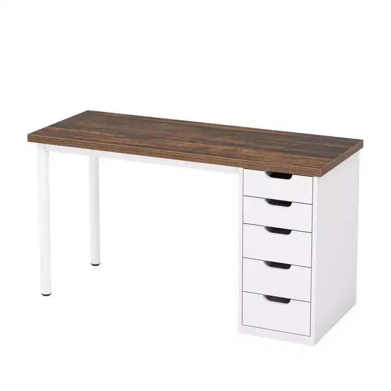 MAYEERTY Bureau d'ordinateur 119 cm avec 5 tiroirs blancs, bureau de télétravail en bois composite de 3 cm d'épaisseur avec pieds en métal blanc