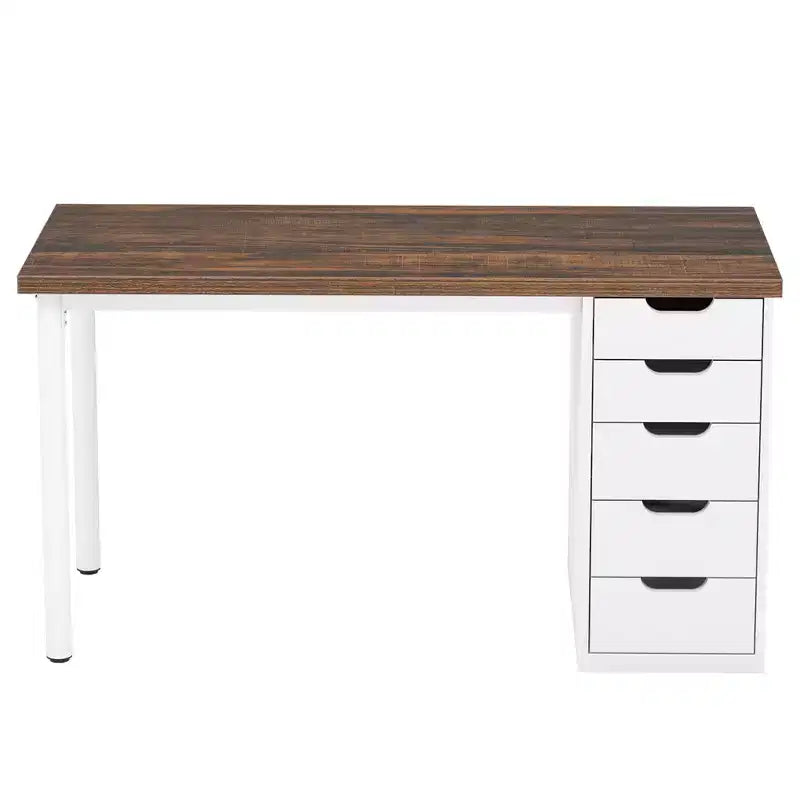 MAYEERTY Bureau d'ordinateur 119 cm avec 5 tiroirs blancs, bureau de télétravail en bois composite de 3 cm d'épaisseur avec pieds en métal blanc