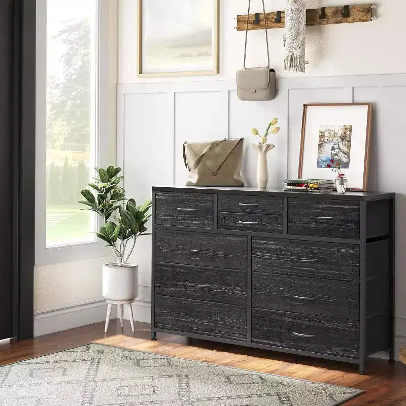 Commode double usage à 10 tiroirs et meuble TV, centre de divertissement pour téléviseurs de 55 pouces, organisateur de rangement pour chambre/salon/entrée