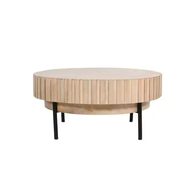 Royal Hampton, Table basse ronde moderne artisanale en chêne, plateau en bois blanc avec bords rainurés, pieds en fer noir, 91 cm
