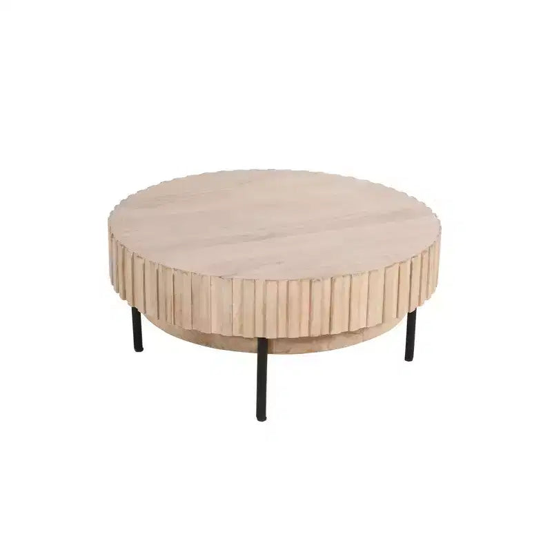 Royal Hampton, Table basse ronde moderne artisanale en chêne, plateau en bois blanc avec bords rainurés, pieds en fer noir, 91 cm