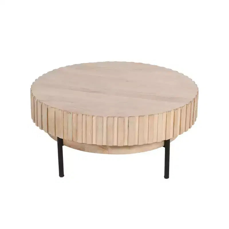 Royal Hampton, Table basse ronde moderne artisanale en chêne, plateau en bois blanc avec bords rainurés, pieds en fer noir, 91 cm