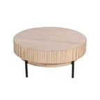 Royal Hampton, Table basse ronde moderne artisanale en chêne, plateau en bois blanc avec bords rainurés, pieds en fer noir, 91 cm
