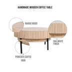 Royal Hampton, Table basse ronde moderne artisanale en chêne, plateau en bois blanc avec bords rainurés, pieds en fer noir, 91 cm