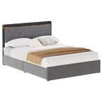 Cadre de Lit en Velours avec Quatre Tiroirs de Rangement et Station de Charge USB, Cadre de Lit Gris avec Tête de Lit de Rangement et Support à Lattes en Bois