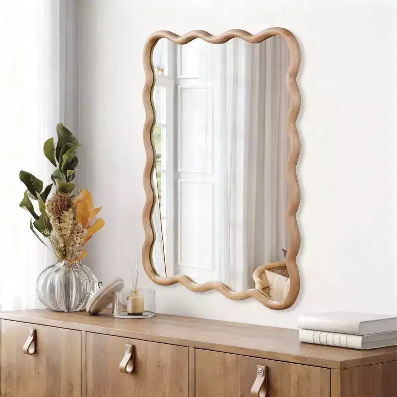 MAYEERTY Miroir décoratif 30 x 40 Cadre en bois massif Rectangle ondulé pour Chambre Salle de bain Salon Bois naturel