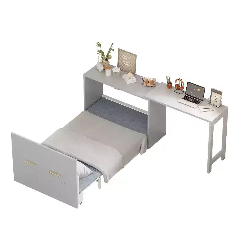 Lit escamotable format jumeau avec coussin pliable, lit coffre escamotable peu encombrant avec bureau à position réglable, Blanc/Gris - ModernLuxe