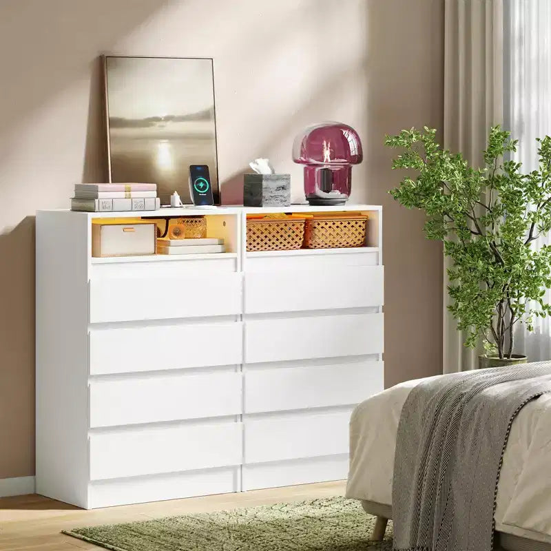 Commode double à 4 tiroirs avec prise de courant, commodes d'appoint avec lumière LED, commode de rangement blanche moderne avec station de charge, blanc
