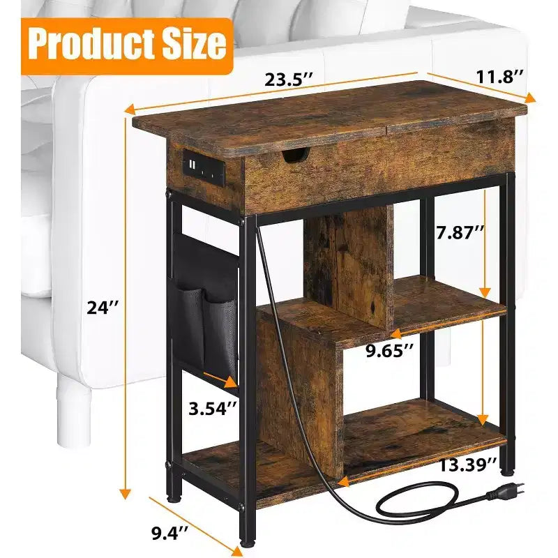 Table d'appoint Acekool avec plateau relevable, tiroir de rangement, ports USB et prises, table d'appoint avec étagères et sac de rangement pour petits espaces
