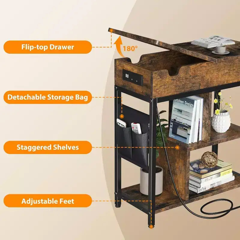 Table d'appoint Acekool avec plateau relevable, tiroir de rangement, ports USB et prises, table d'appoint avec étagères et sac de rangement pour petits espaces