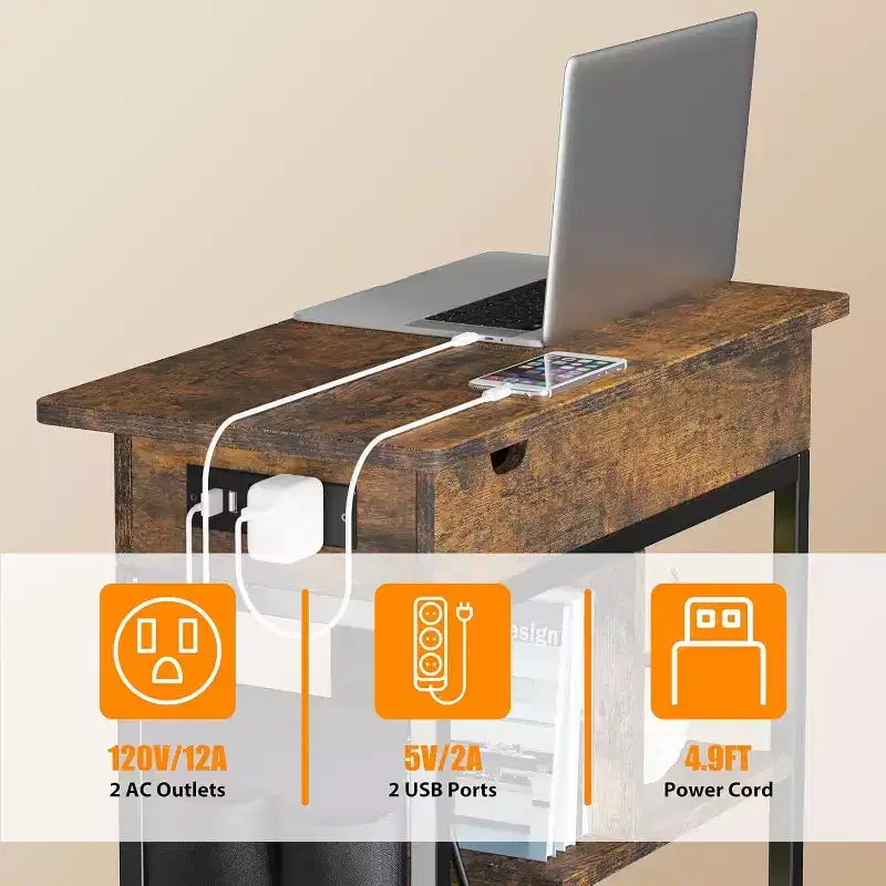 Table d'appoint Acekool avec plateau relevable, tiroir de rangement, ports USB et prises, table d'appoint avec étagères et sac de rangement pour petits espaces