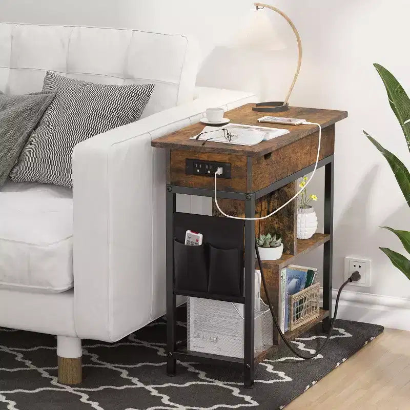Table d'appoint Acekool avec plateau relevable, tiroir de rangement, ports USB et prises, table d'appoint avec étagères et sac de rangement pour petits espaces