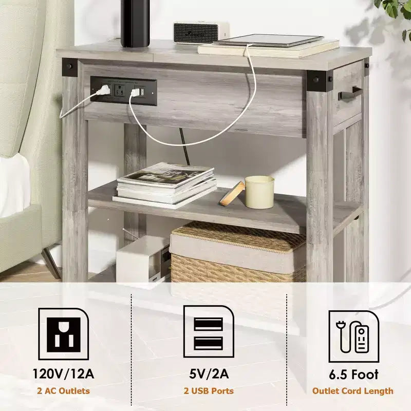 Table d'appoint Acekool avec plateau relevable, tiroir de rangement, ports USB et prises, table d'appoint avec étagères et sac de rangement pour petits espaces