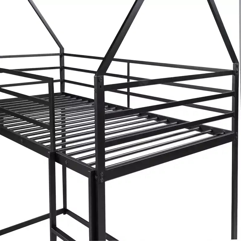 Lit superposé maison jumeau sur jumeau avec échelle/toboggan intégré, cadre en métal, pas besoin de sommier tapissier, blanc/noir - ModernLuxe