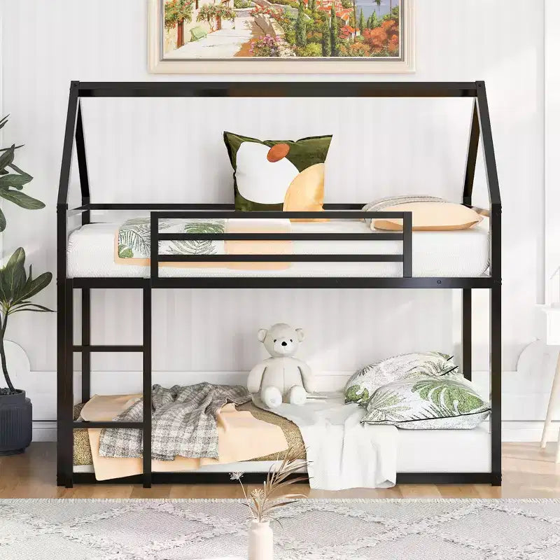 Lit superposé maison jumeau sur jumeau avec échelle/toboggan intégré, cadre en métal, pas besoin de sommier tapissier, blanc/noir - ModernLuxe