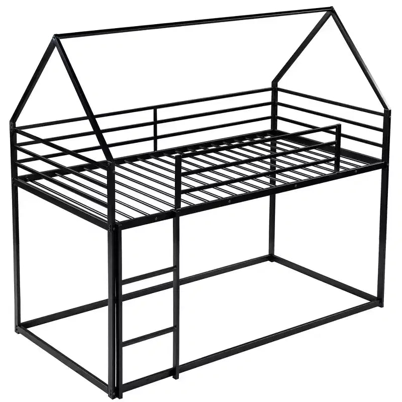 Lit superposé maison jumeau sur jumeau avec échelle/toboggan intégré, cadre en métal, pas besoin de sommier tapissier, blanc/noir - ModernLuxe