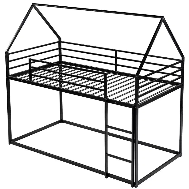 Lit superposé maison jumeau sur jumeau avec échelle/toboggan intégré, cadre en métal, pas besoin de sommier tapissier, blanc/noir - ModernLuxe