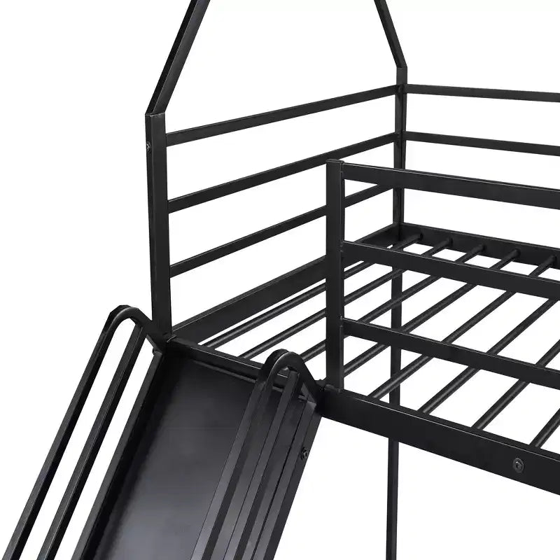 Lit superposé maison jumeau sur jumeau avec échelle/toboggan intégré, cadre en métal, pas besoin de sommier tapissier, blanc/noir - ModernLuxe