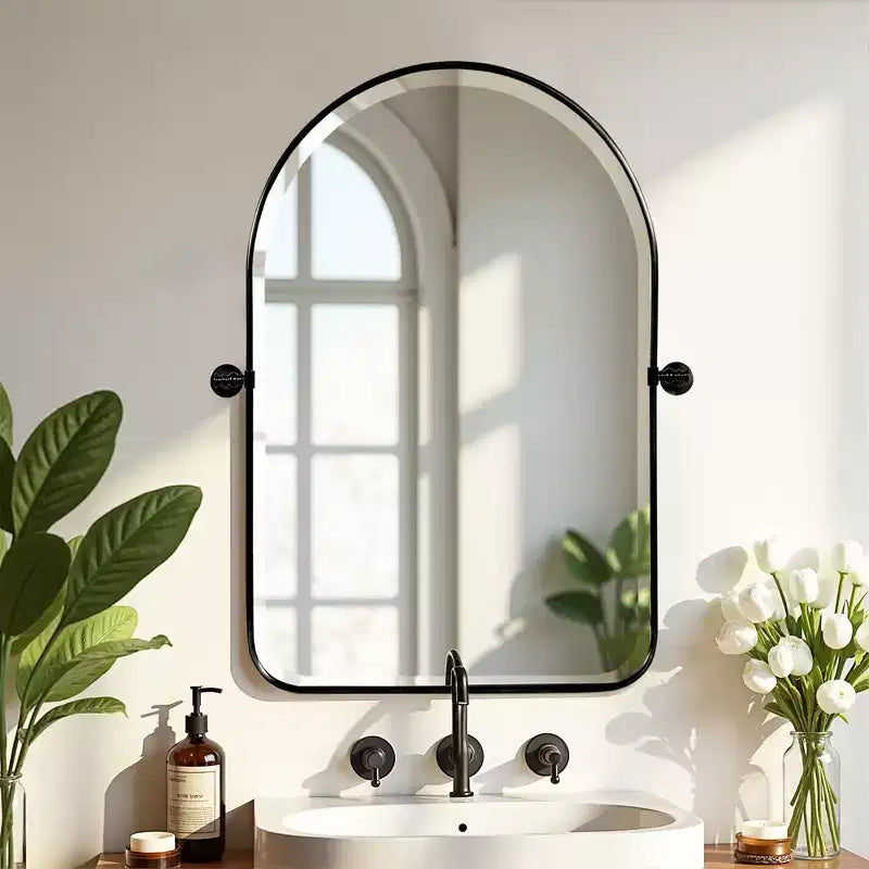 MAYEERTY 31.50x23.62x1.57in Wrought Iron Rounded Arch Black Metal Hanging Mirror