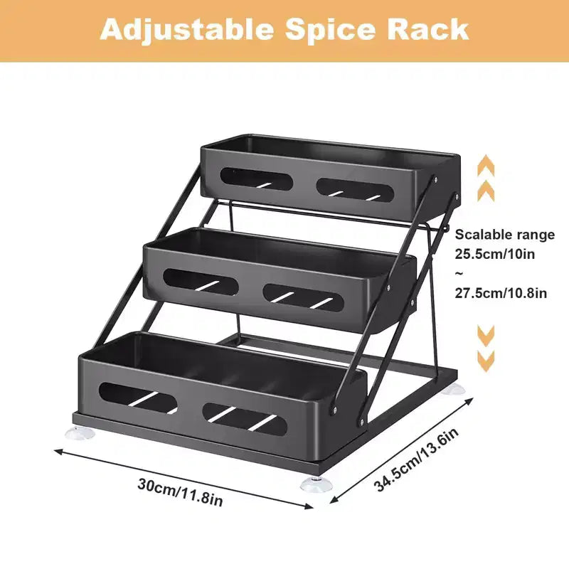 GustoWave Étagère à Épices sur Pied à 3 Niveaux - Étagère à Épices sans Perçage - Étagère à Épices Réglable Noire, Largeur 30x34.5x27.5cm