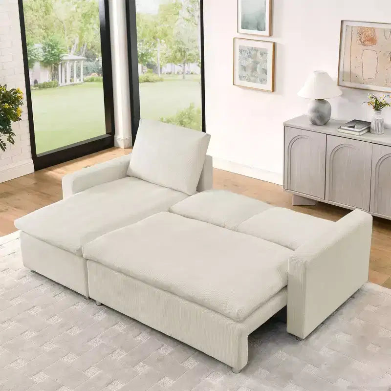 Canapé-lit convertible d'angle Okak 90, avec couchage escamotable, rangement et housses en velours côtelé amovibles pour salon.