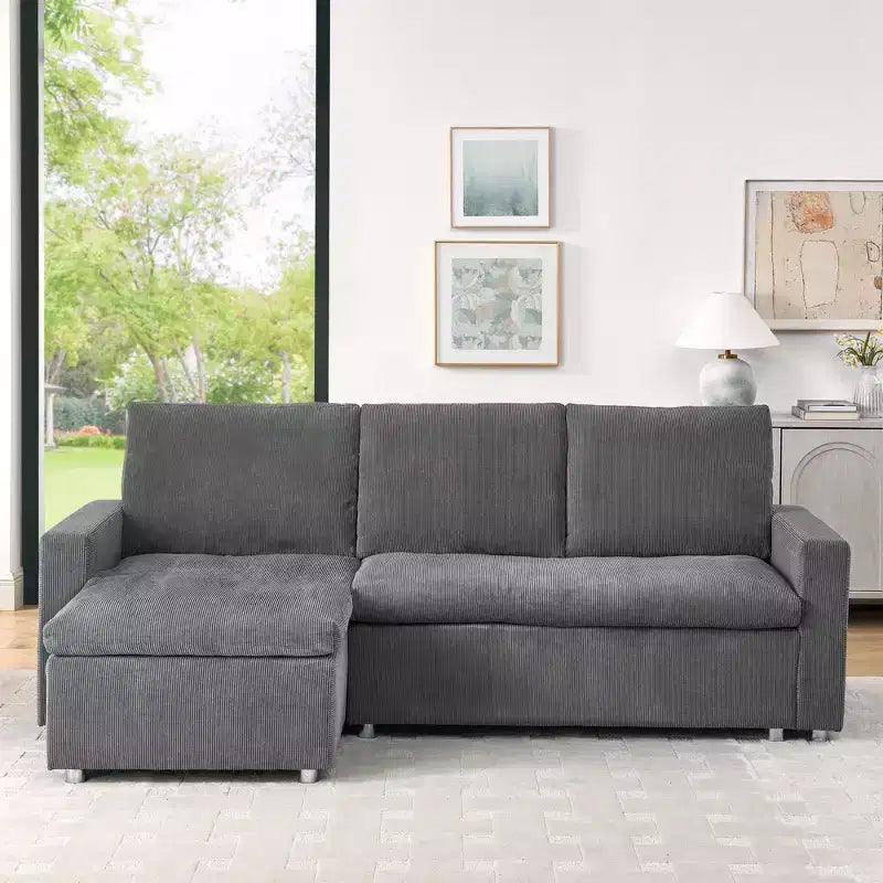 Canapé-lit convertible d'angle Okak 90, avec couchage escamotable, rangement et housses en velours côtelé amovibles pour salon.