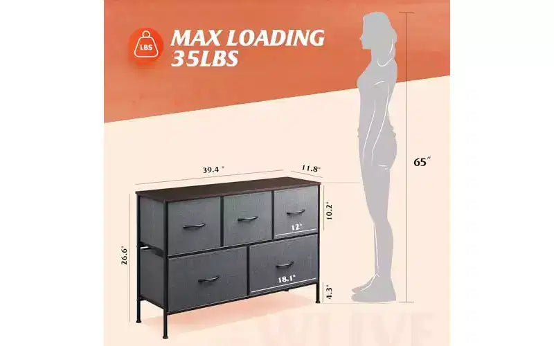 Commode de chambre DEXYLLO avec 5 tiroirs, unité de rangement haute, commode en tissu