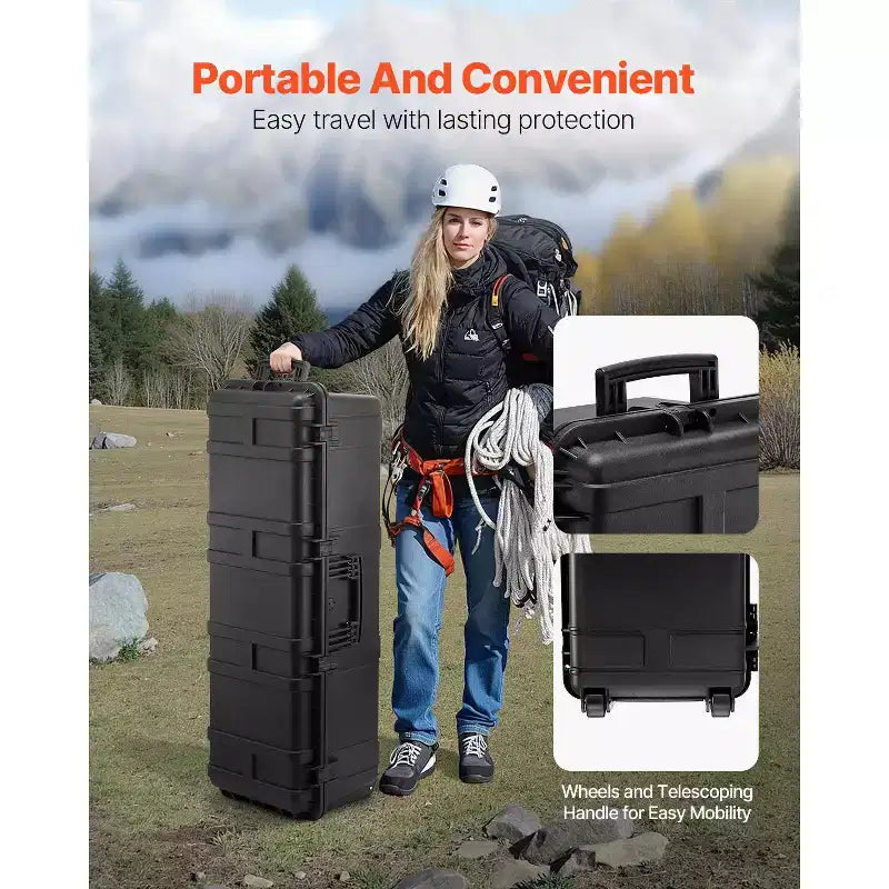 Valise rigide étanche VEVOR, mallette de protection robuste avec mousse prédécoupée et poignées de traction rétractables pour le voyage, la chasse, l'armée, noire
