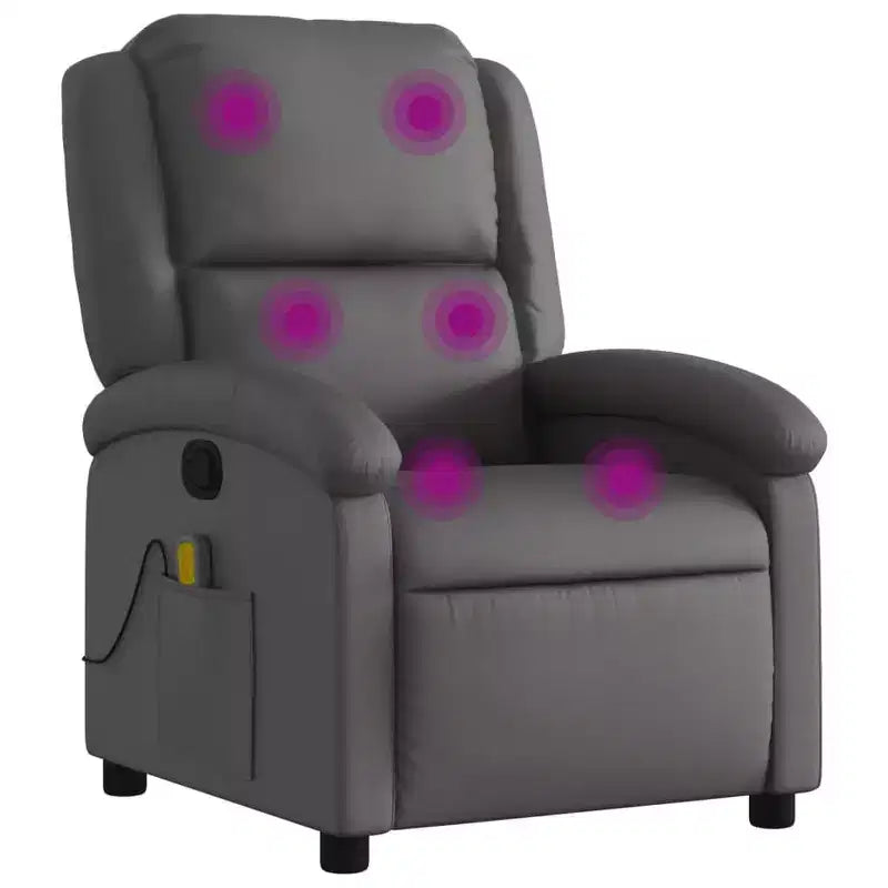 vidaXL Massage Recliner Chair - Real Leather, Gray - Manual Recliner with 6-Point Vibration Massage, USB Powered