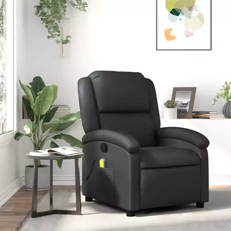 vidaXL Fauteuil de massage inclinable en cuir véritable noir - Inclinaison manuelle, fonction de vibration, poche latérale, cadre robuste