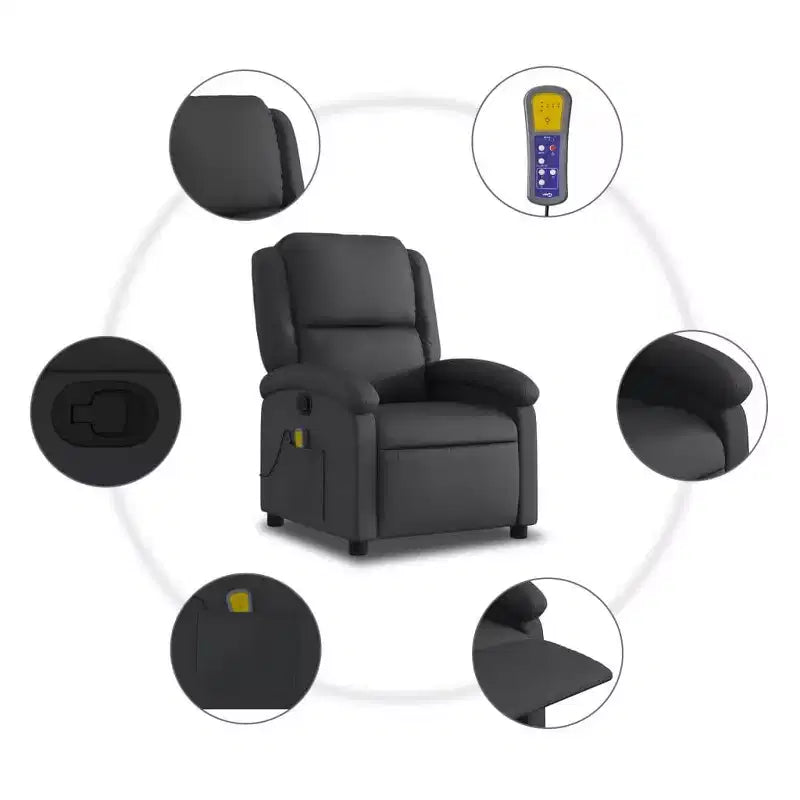 vidaXL Fauteuil de massage inclinable en cuir véritable noir - Inclinaison manuelle, fonction de vibration, poche latérale, cadre robuste
