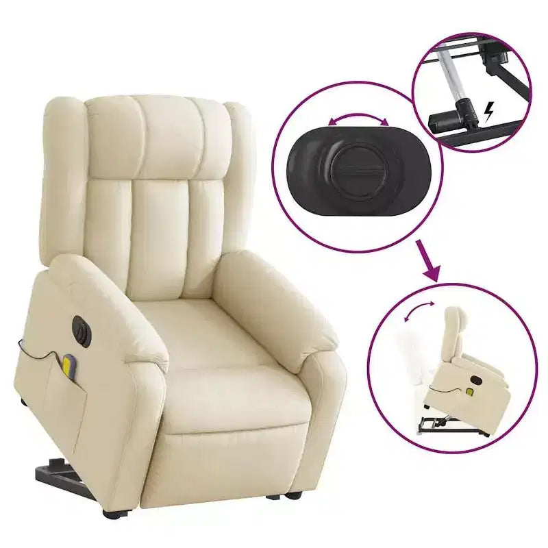 vidaXL Fauteuil inclinable de massage électrique Power Lift - Tissu crème, réglages motorisés, massage vibrant, robuste, conception confortable pour les personnes âgées