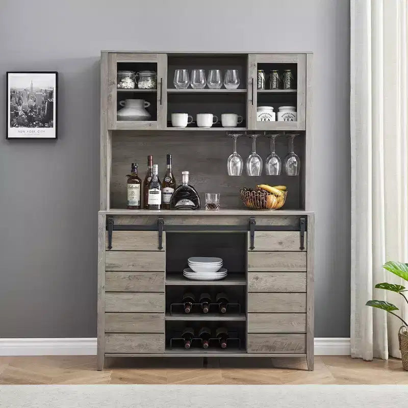 Buffet de bar à café de ferme de 178 cm de haut, Vaisselier de cuisine avec porte coulissante de grange, Desserte haute avec casier à vin, Bar à domicile, Gris
