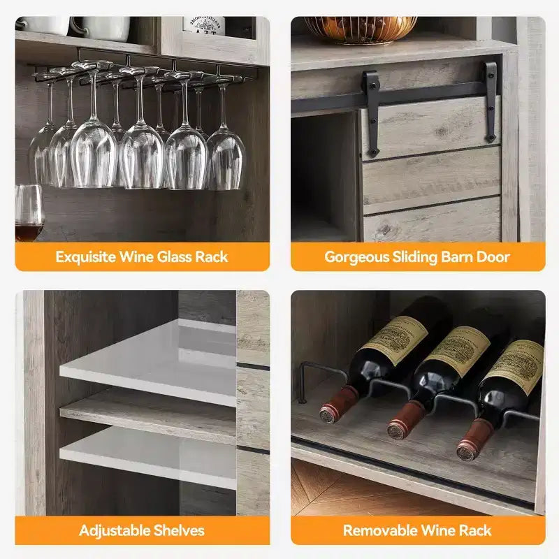Buffet de bar à café de ferme de 178 cm de haut, Vaisselier de cuisine avec porte coulissante de grange, Desserte haute avec casier à vin, Bar à domicile, Gris