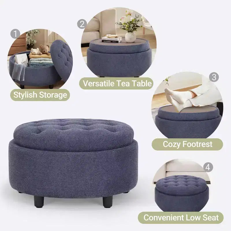 Pouf de rangement rond en tissu 3-en-1 25x25, couvercle/plateau réversible, repose-pieds et petite table basse avec rangement intégré