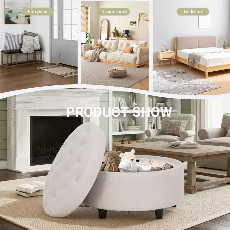Pouf de rangement rond en tissu 3-en-1 25x25, couvercle/plateau réversible, repose-pieds et petite table basse avec rangement intégré