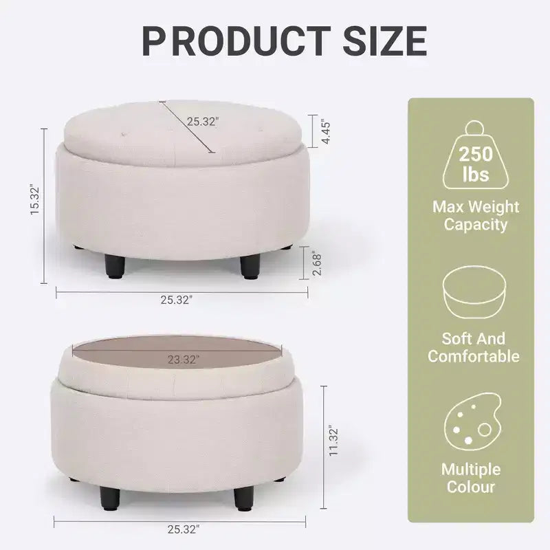 Pouf de rangement rond en tissu 3-en-1 25x25, couvercle/plateau réversible, repose-pieds et petite table basse avec rangement intégré