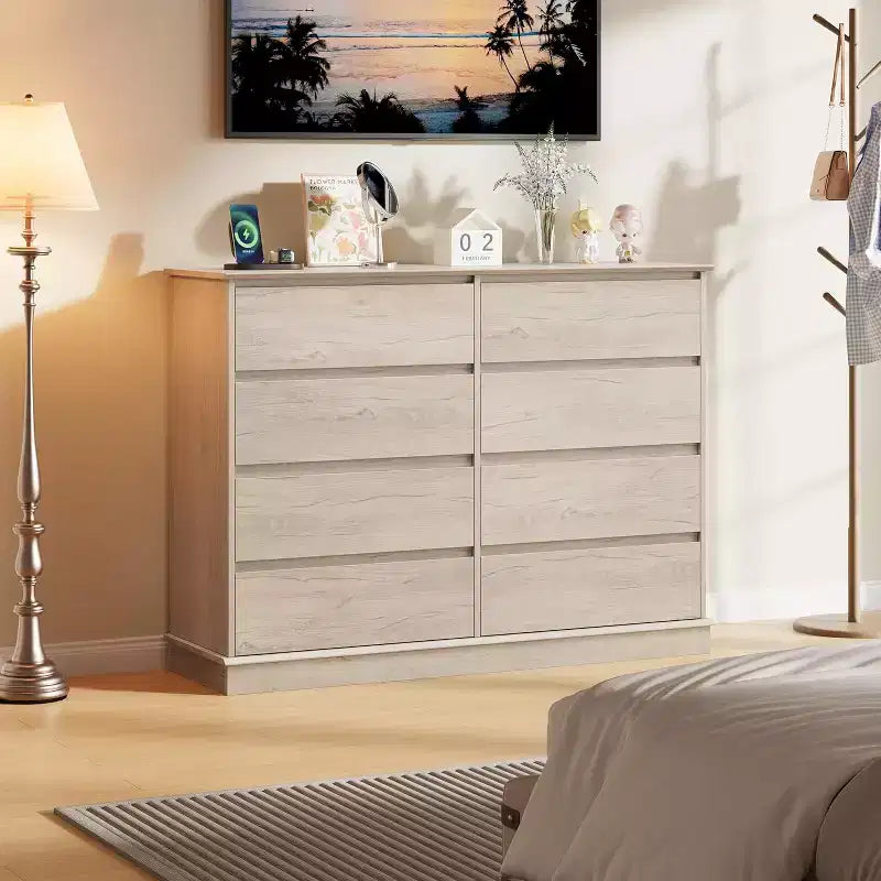 Commode à 8 tiroirs pour chambre à coucher, chiffonnier avec tiroirs profonds, grande commode double pour placard avec plateau large