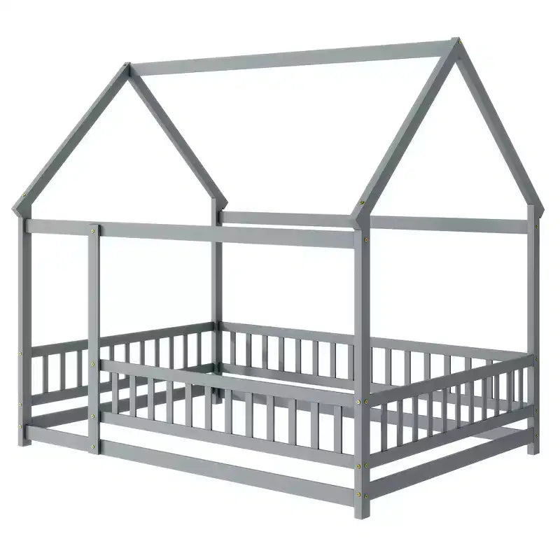 Lit double et lit au sol Whisen, structure en bois avec clôture pour des espaces de sommeil sûrs et imaginatifs pour les enfants